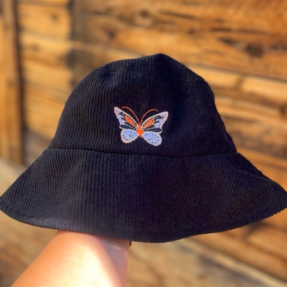 UNBRANDED | Black Corduroy Embroidered Butterfly Adjustable Bucket Hat